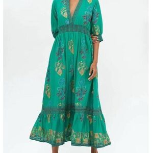 Oliphant Green Tiered Maxi dress with Plunge Neckline